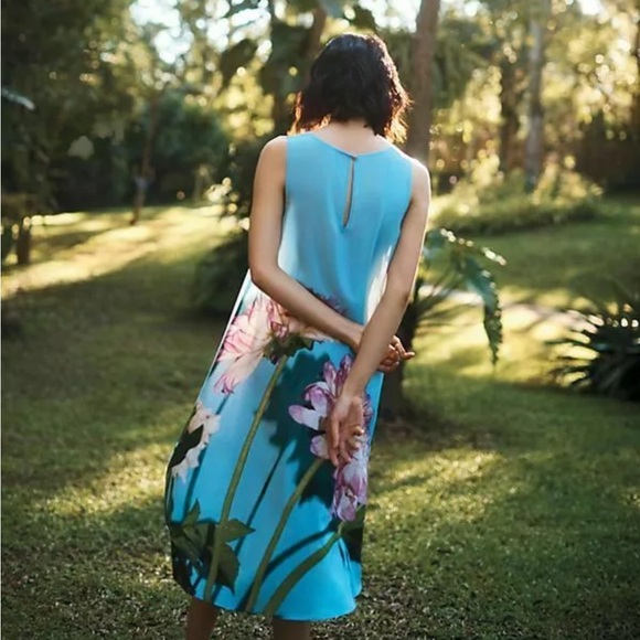 Anthropologie Photorealistic Silk Dress Duchess de Nemours peonies blue Sz 6 - Picture 2 of 16